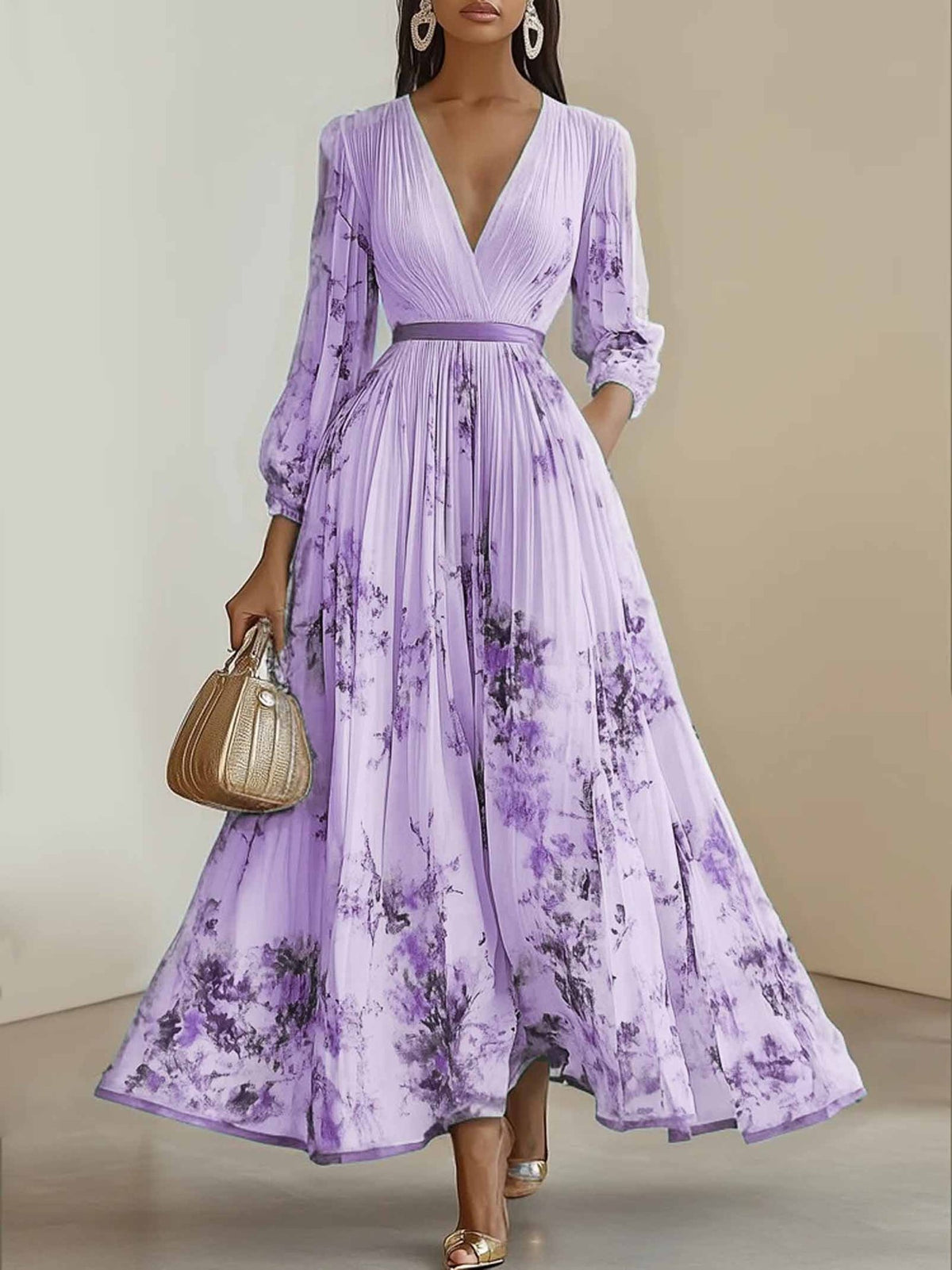 Rosemarie | Floral Pleated V-Neck Maxi Dress