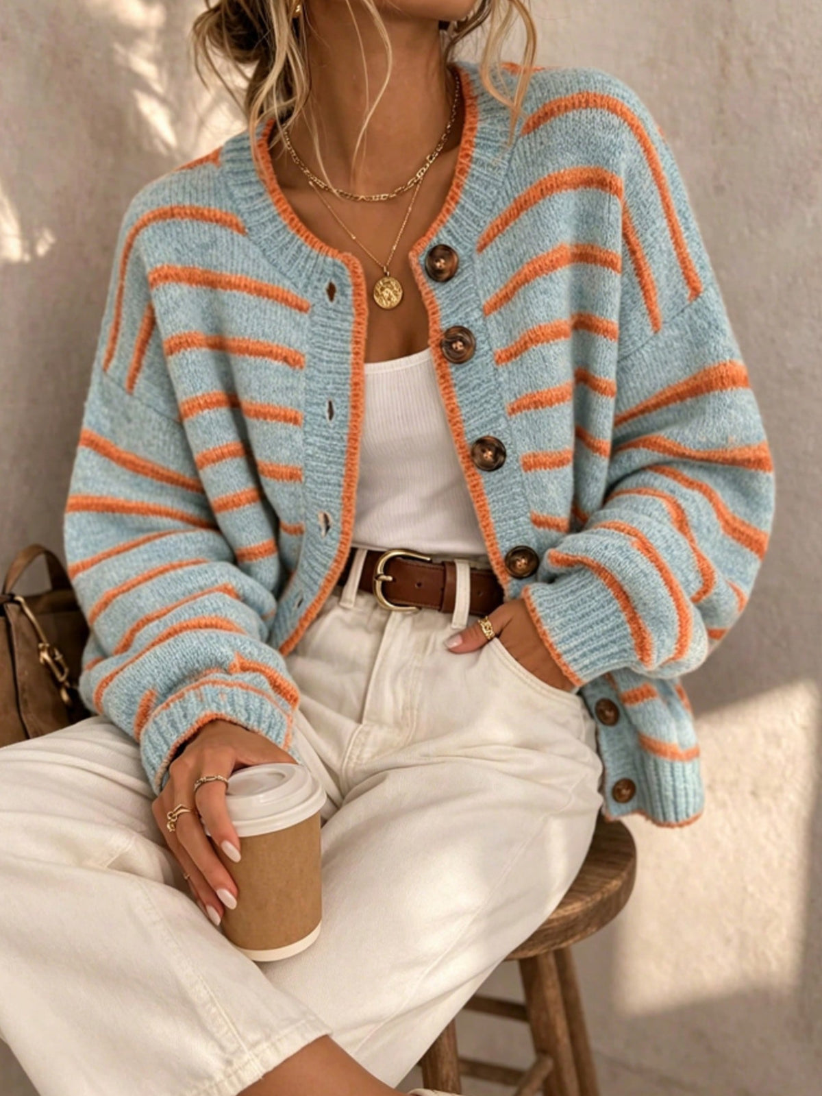 Trish | Striped Button Front Knit Cardigan