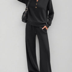 June Button Neck Jumper and Wide-Leg Trouser Set in Black