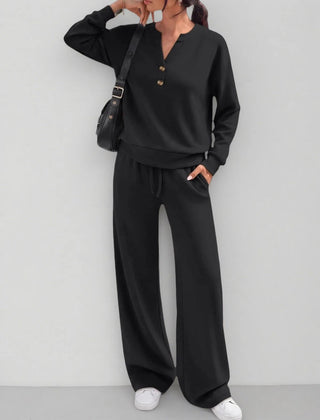 June Button Neck Jumper and Wide-Leg Trouser Set in Black