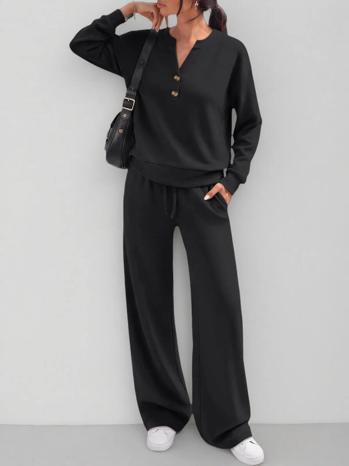 June Button Neck Jumper and Wide-Leg Trouser Set in Black