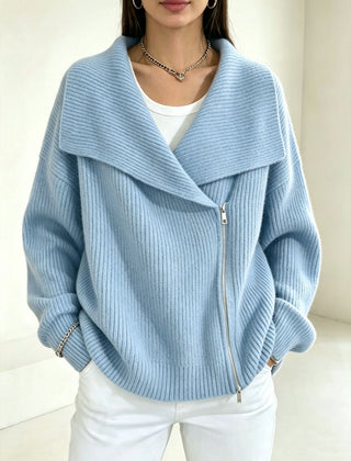 Linda Wide Lapel Double-Zip Knit Cardigan