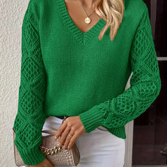 Jeanette Open-Knit Sleeve V-Neck Jumper in Emerald Green