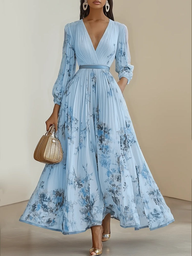 Rosemarie | Floral Pleated V-Neck Maxi Dress