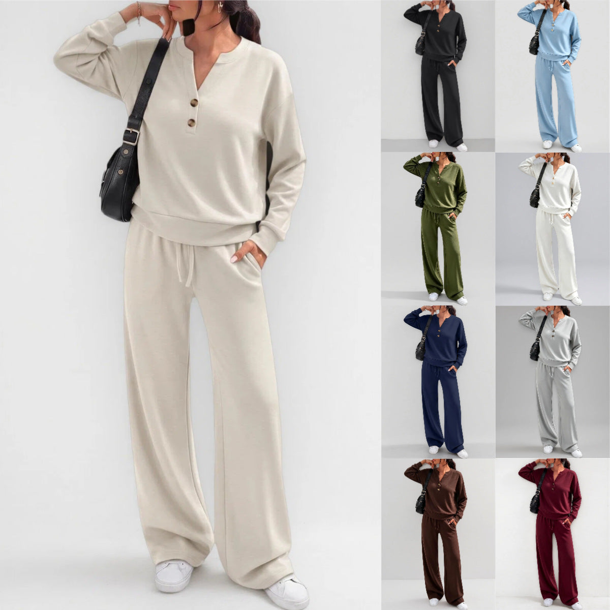 June Button Neck Jumper and Wide-Leg Trouser Set