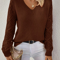 Jeanette Open-Knit Sleeve V-Neck Jumper in Chocolate