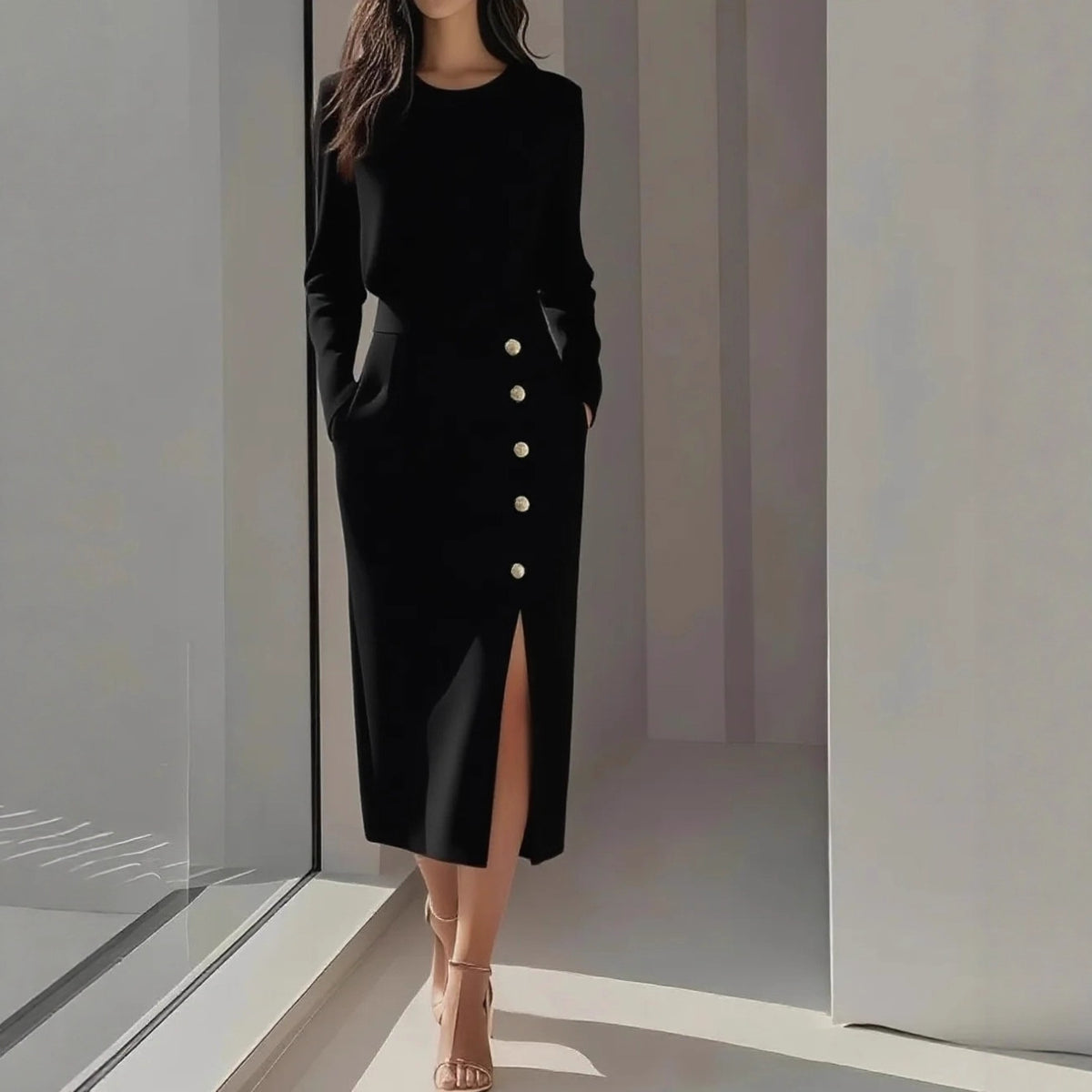 Geraldine | Gold Button Split Midi Dress