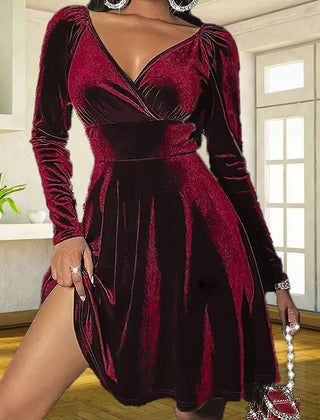Gemma Velvet Wrap V-Neck Long Sleeve Dress