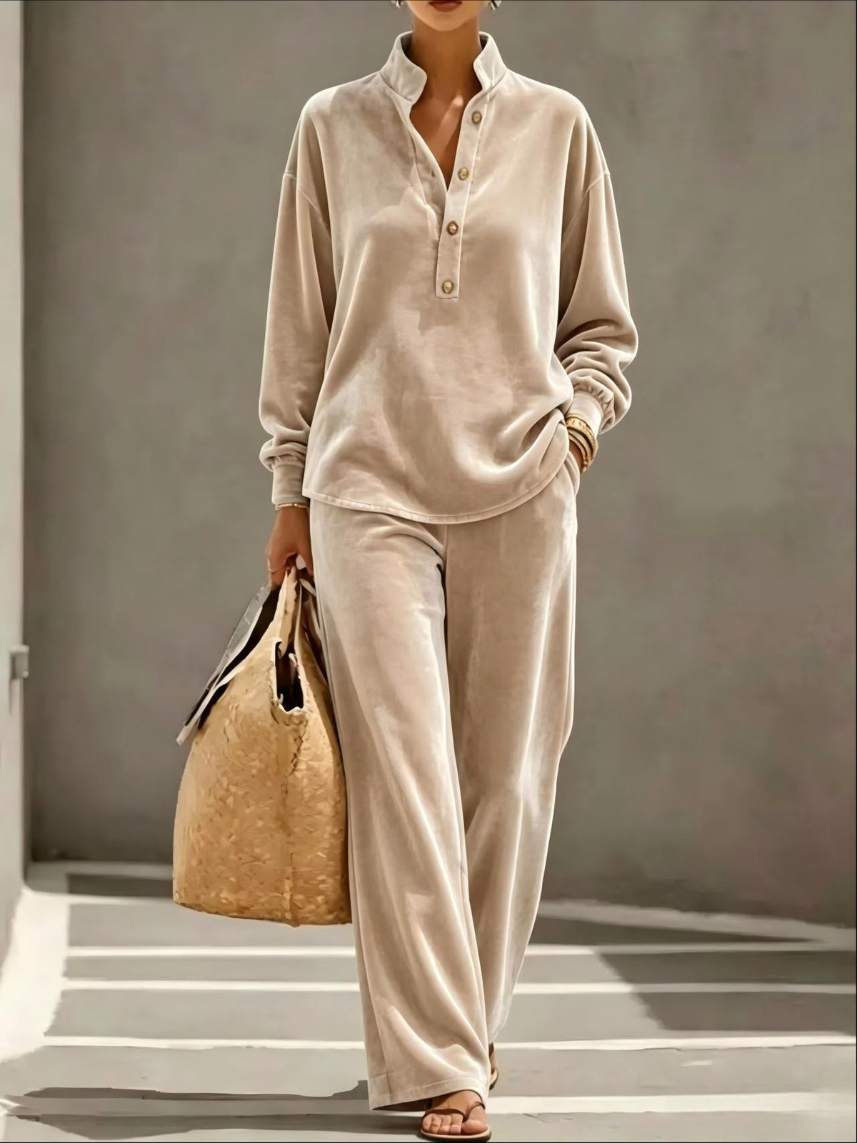 Jean | Velvet-Look Button Collar Wide-Leg Set