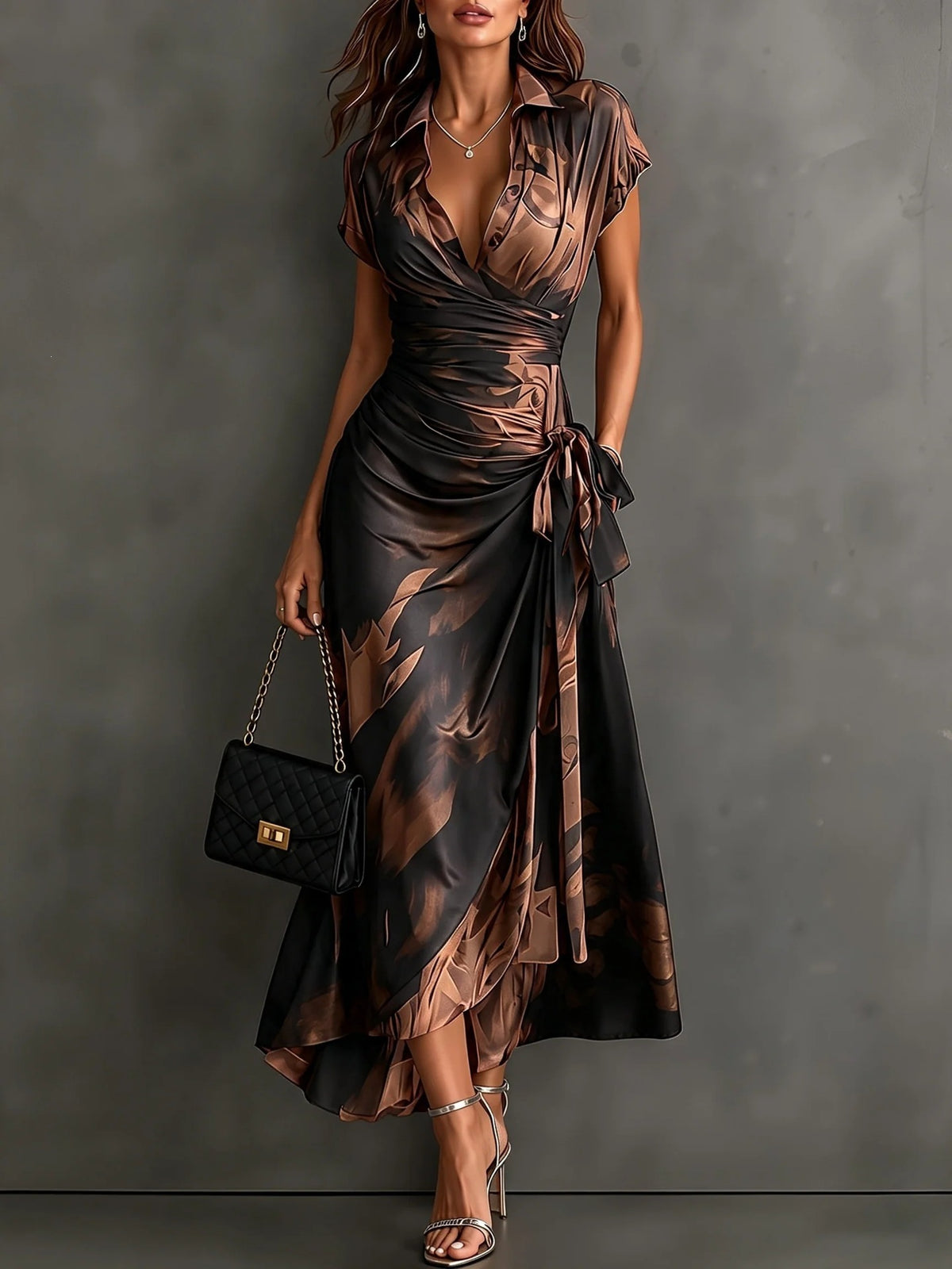 Kirsten Abstract Print Wrap Maxi Dress with Collar