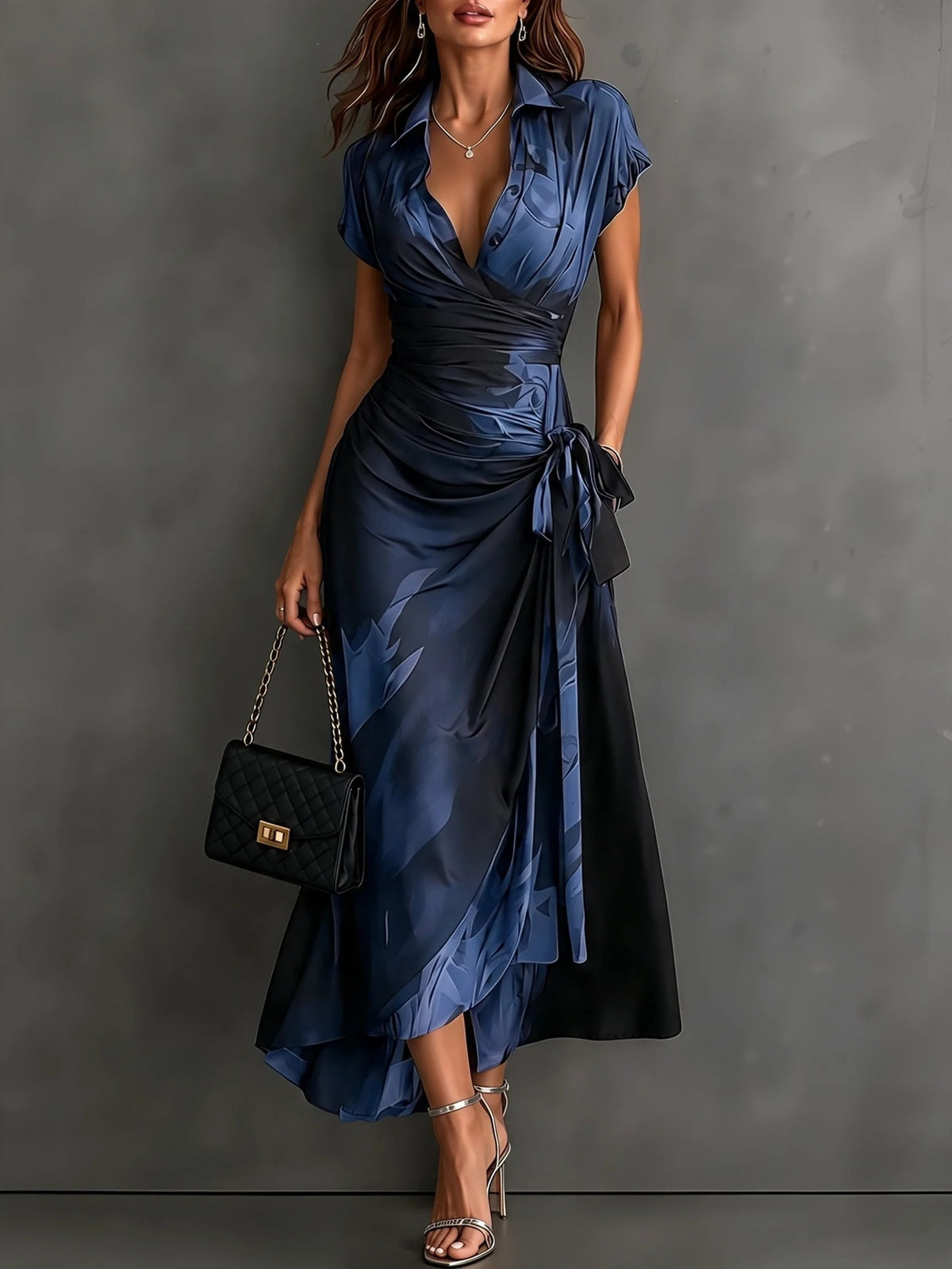 Kirsten Abstract Print Wrap Maxi Dress with Collar