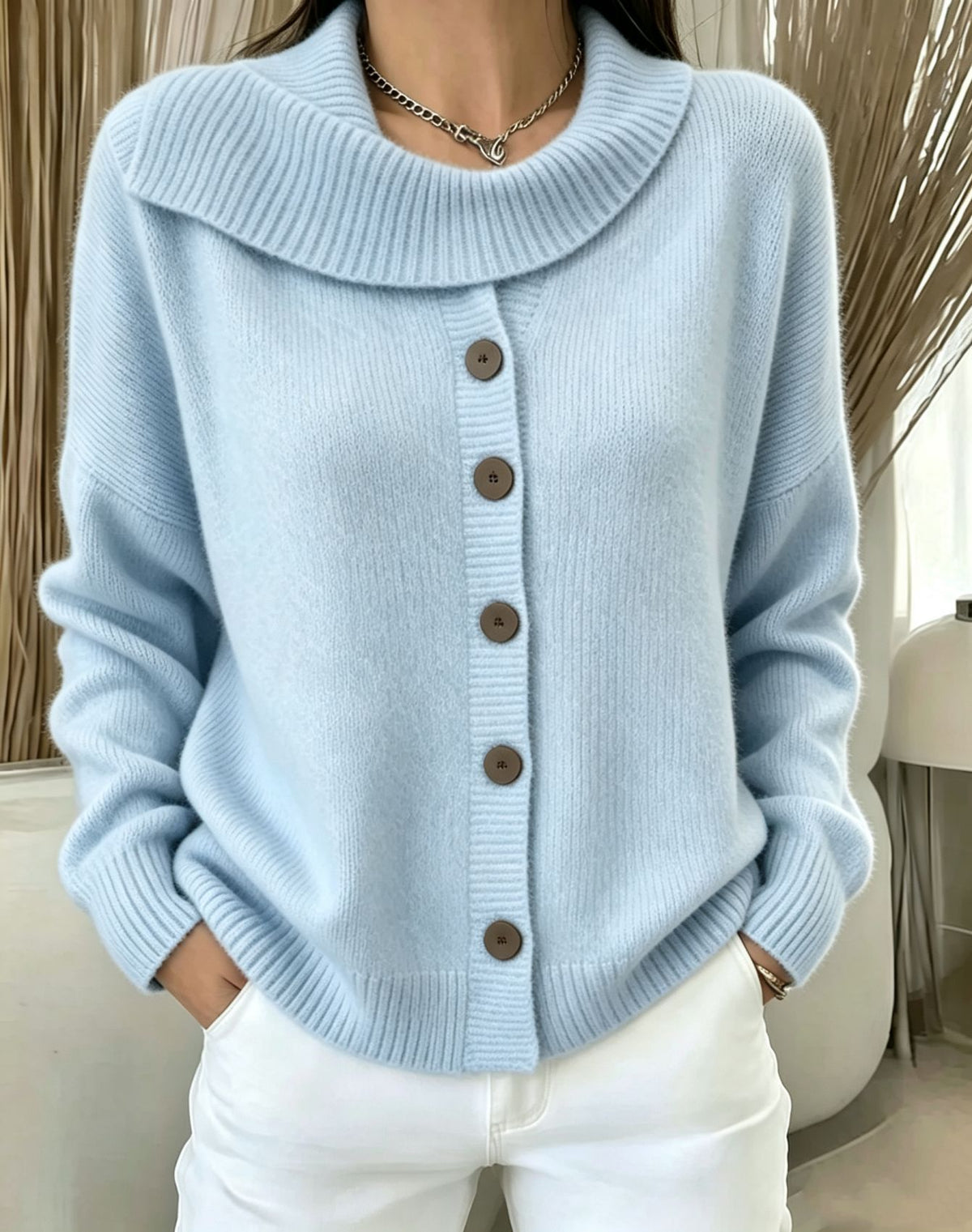 Glynis Wide Collar Button Front Knit Jumper