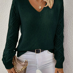 Jeanette Open-Knit Sleeve V-Neck Jumper in Bottle Green