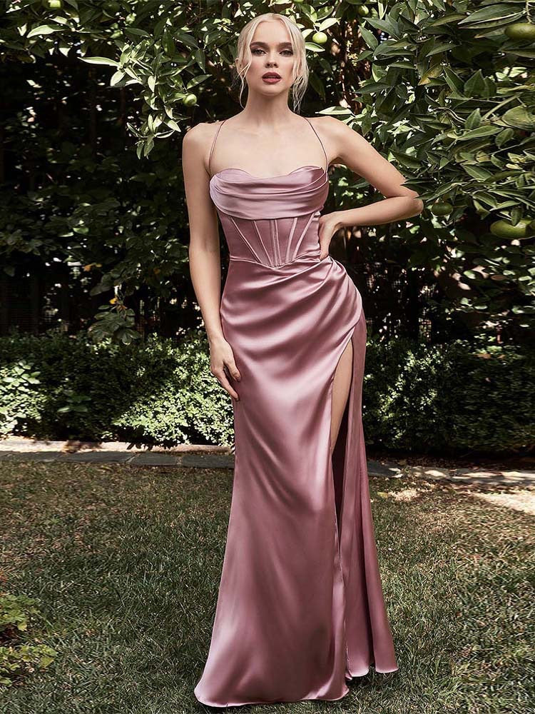 Natalie Satin Cowl Neck Maxi Dress with Side Split