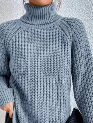 Shona Chunky Roll Neck Longline Jumper in Dusty Blue