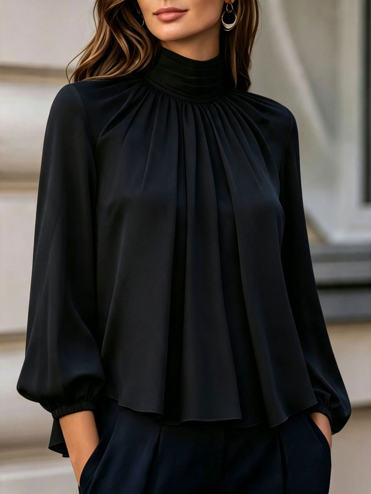 Patsy | High Neck Pleated Blouse with Balloon Sleeves