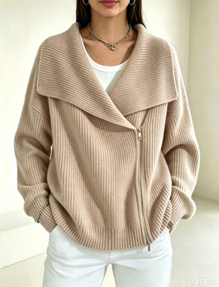 Linda Wide Lapel Double-Zip Knit Cardigan