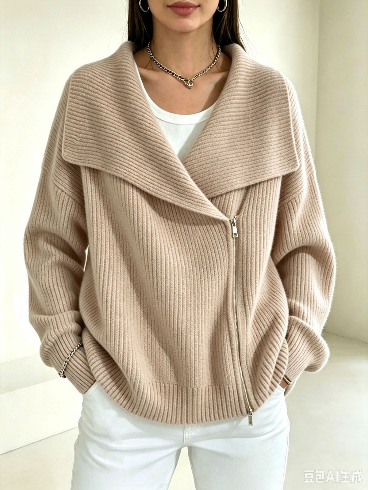 Linda Wide Lapel Double-Zip Knit Cardigan