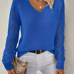 Jeanette Open-Knit Sleeve V-Neck Jumper in Cobalt Blue