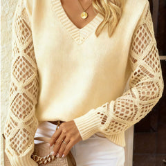 Jeanette Open-Knit Sleeve V-Neck Jumper in Cream