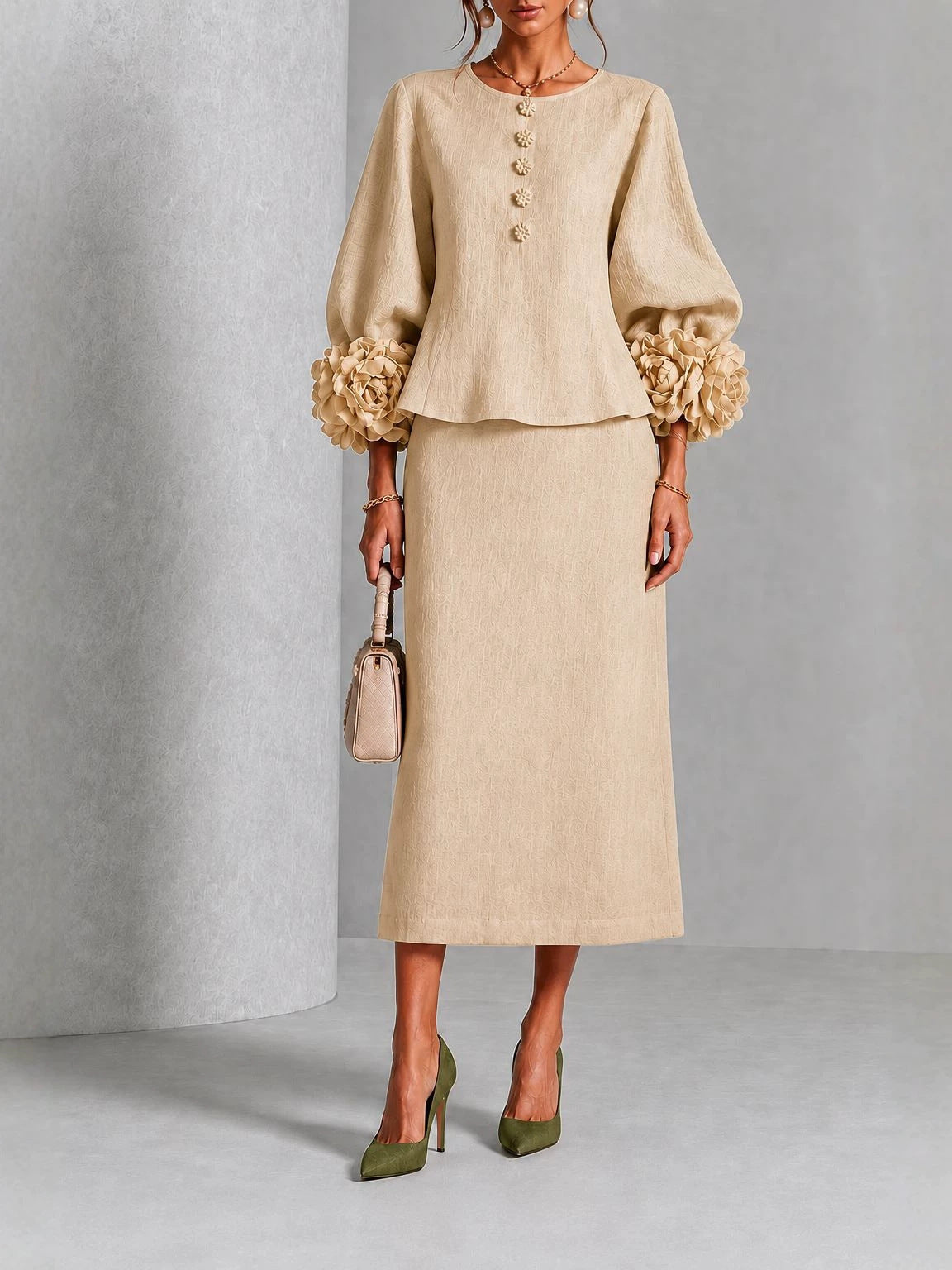 Rosemary | Rose Sleeve Top and Pencil Skirt Set