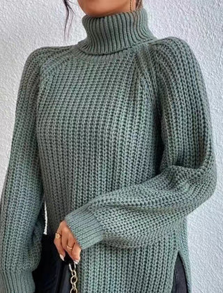 Shona Chunky Roll Neck Longline Jumper in Sage Green