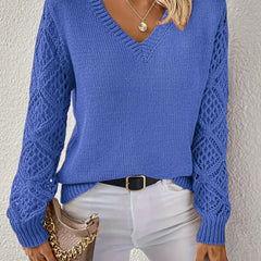 Jeanette Open-Knit Sleeve V-Neck Jumper in Cornflower Blue