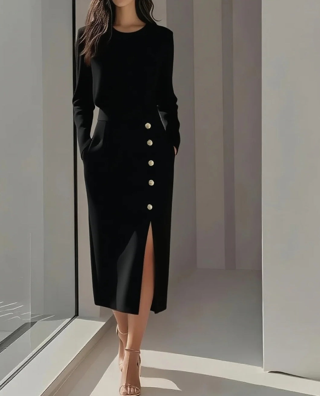 Geraldine | Gold Button Split Midi Dress