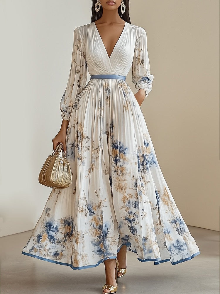 Rosemarie | Floral Pleated V-Neck Maxi Dress