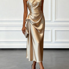 Janine One Shoulder Ruched Satin Midi Dress