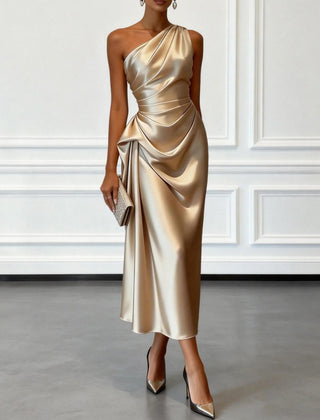 Janine One Shoulder Ruched Satin Midi Dress