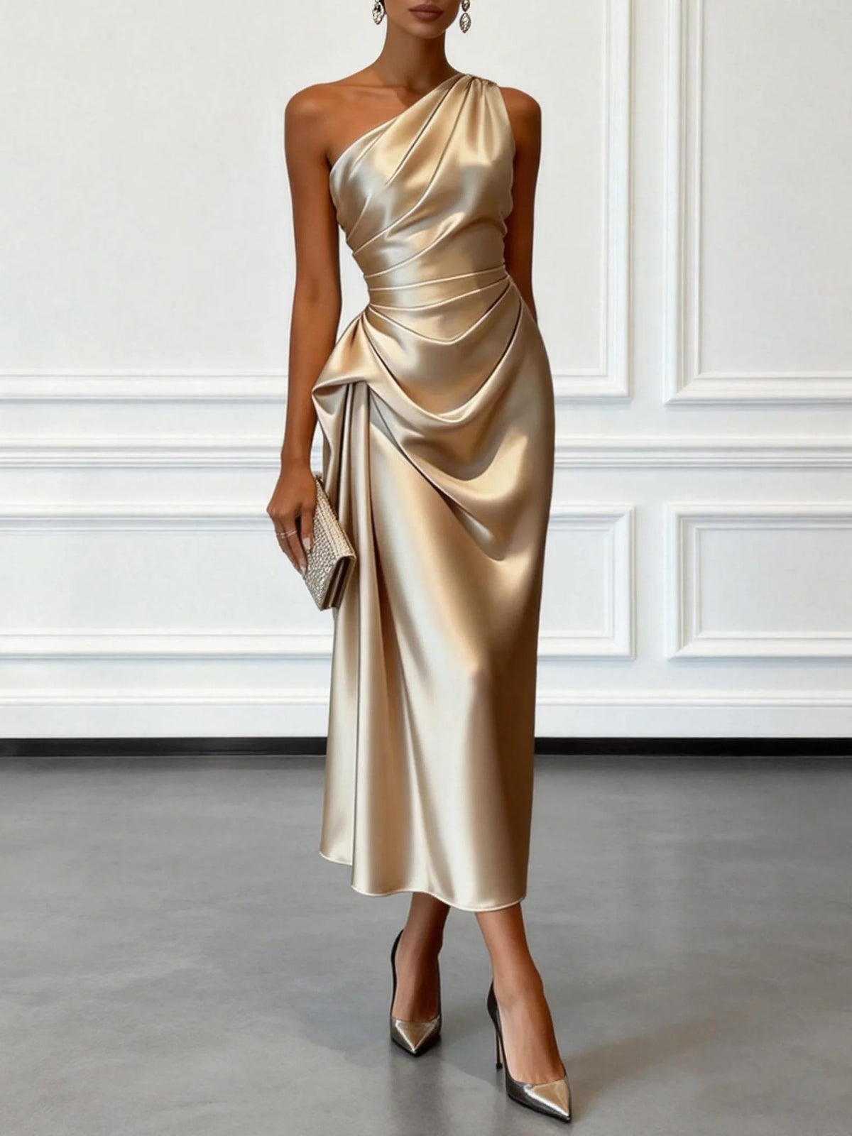 Janine One Shoulder Ruched Satin Midi Dress