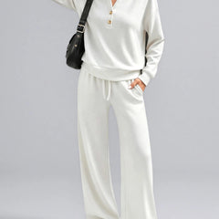 June Button Neck Jumper and Wide-Leg Trouser Set in White