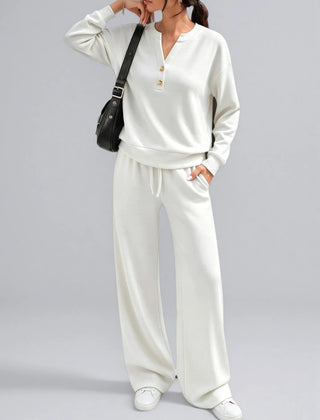 June Button Neck Jumper and Wide-Leg Trouser Set in White