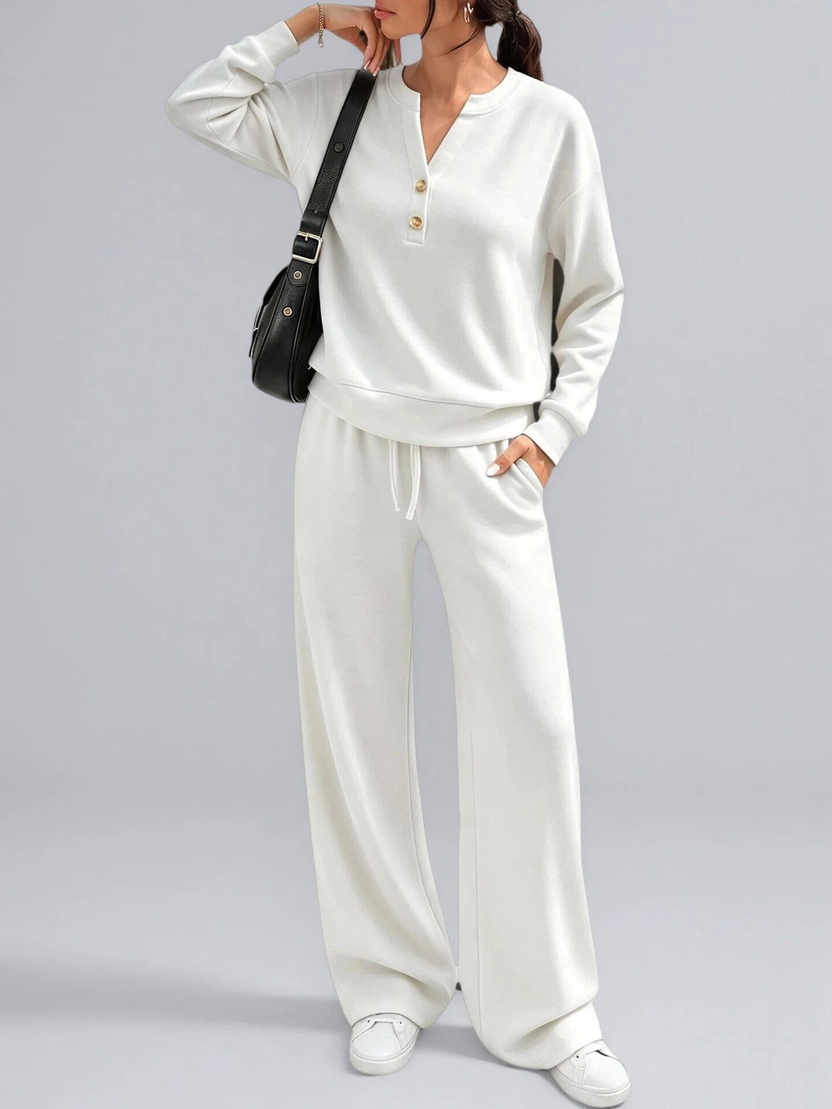 June Button Neck Jumper and Wide-Leg Trouser Set in White