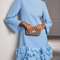 Marcia Flared Sleeve Dress with Flower Hem in Light Blue