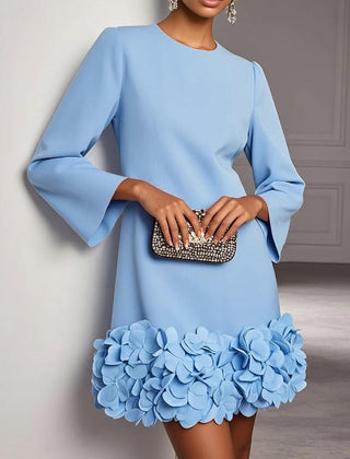 Marcia Flared Sleeve Dress with Flower Hem in Light Blue