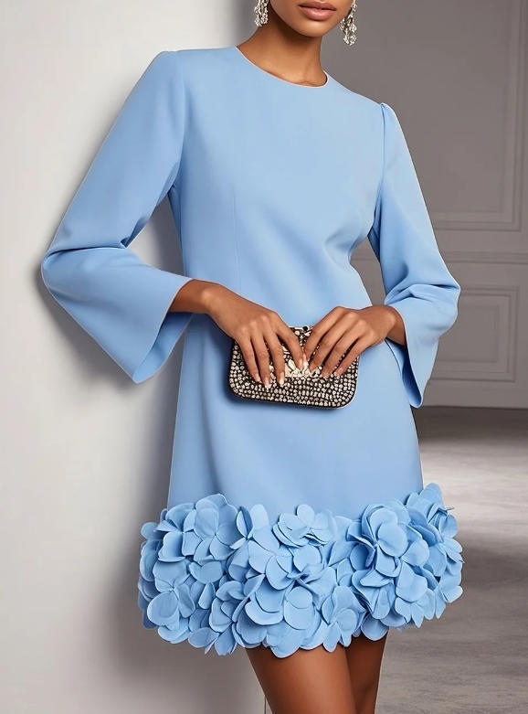 Marcia Flared Sleeve Dress with Flower Hem in Light Blue