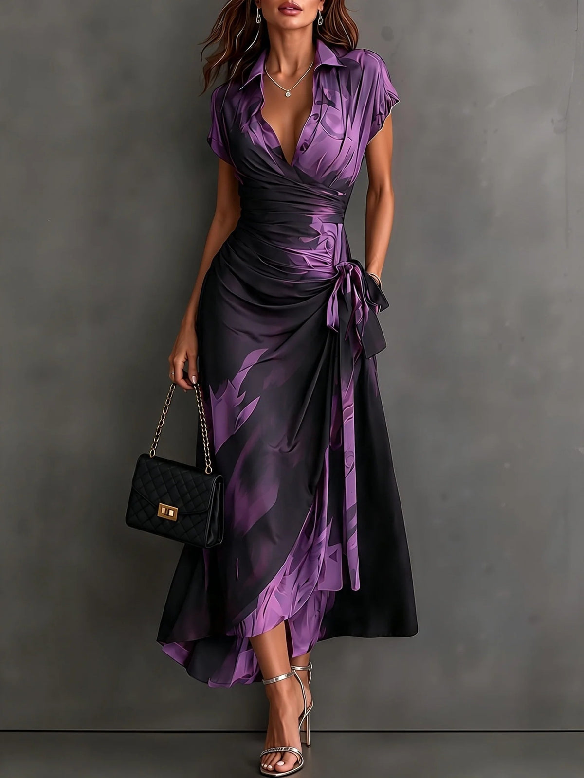 Kirsten Abstract Print Wrap Maxi Dress with Collar
