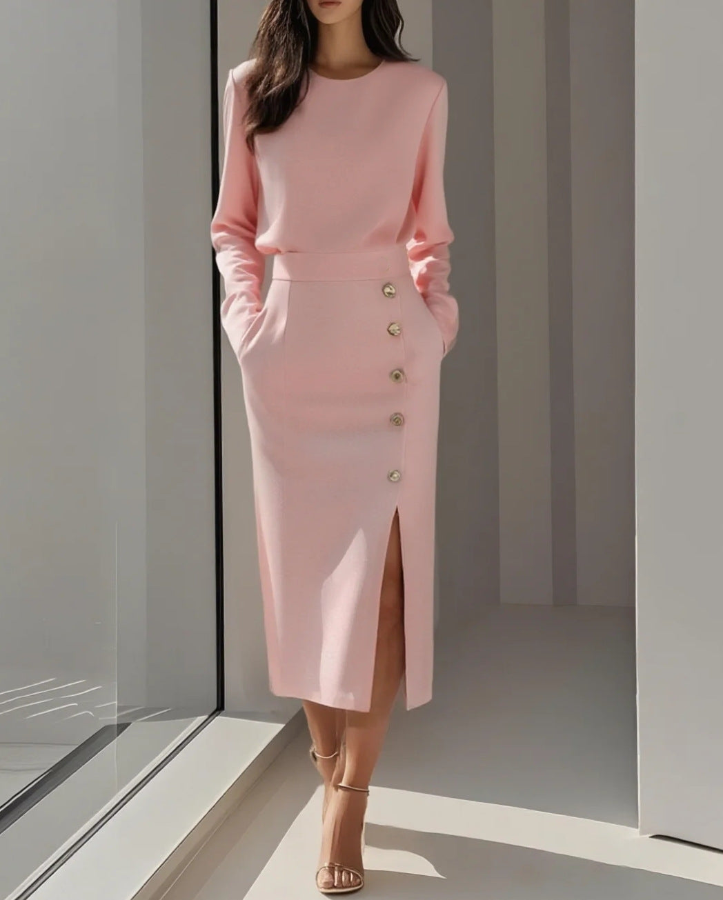 Geraldine | Gold Button Split Midi Dress