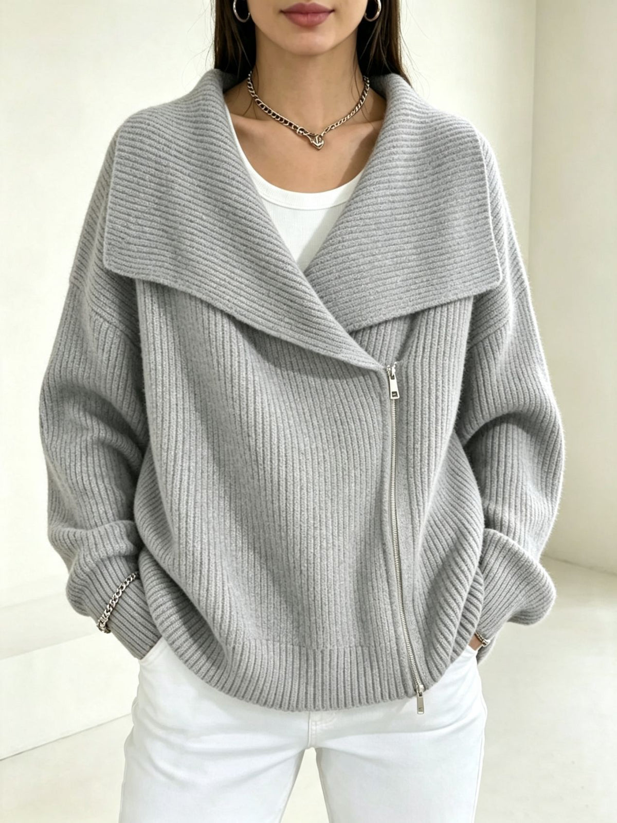 Linda Wide Lapel Double-Zip Knit Cardigan