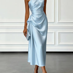 Janine One Shoulder Ruched Satin Midi Dress