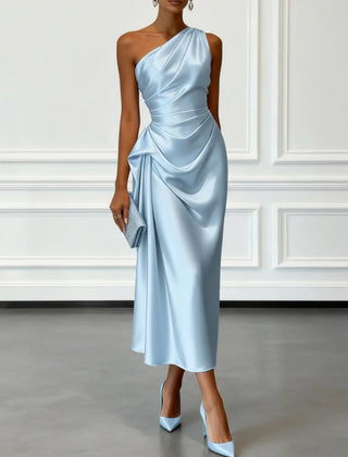 Janine One Shoulder Ruched Satin Midi Dress