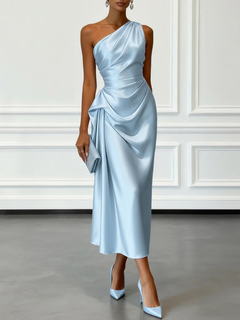 Janine One Shoulder Ruched Satin Midi Dress