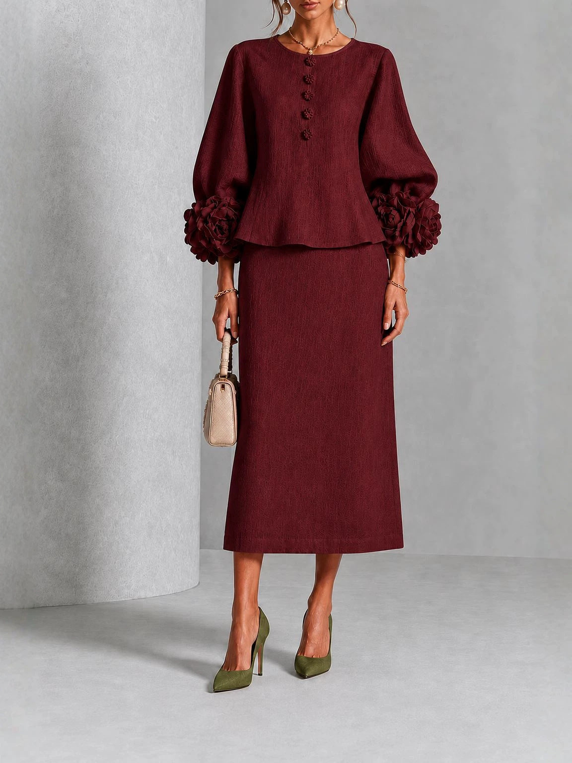Rosemary | Rose Sleeve Top and Pencil Skirt Set