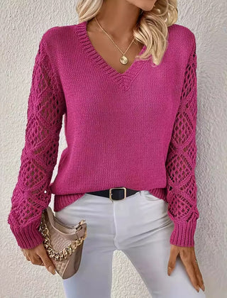 Jeanette Open-Knit Sleeve V-Neck Jumper in Magenta