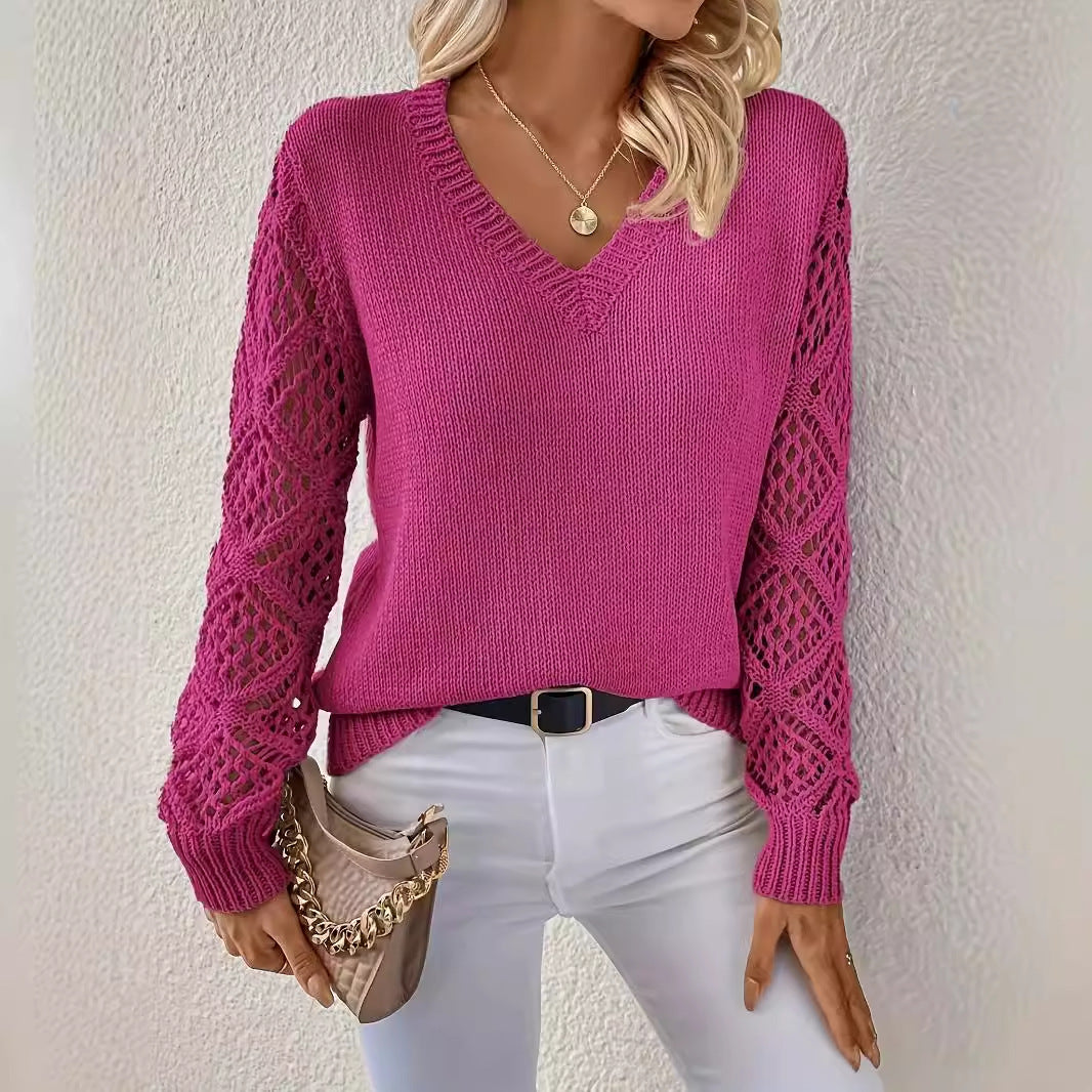Jeanette Open-Knit Sleeve V-Neck Jumper in Magenta