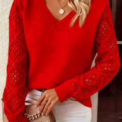 Jeanette Open-Knit Sleeve V-Neck Jumper in Red