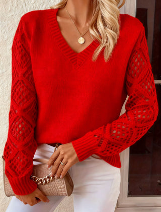 Jeanette Open-Knit Sleeve V-Neck Jumper in Red