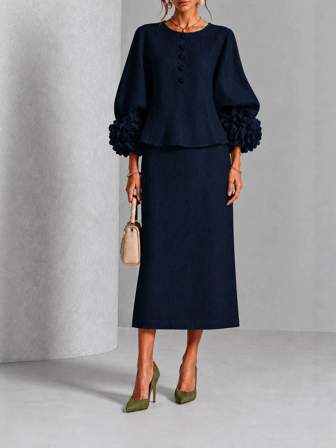 Rosemary | Rose Sleeve Top and Pencil Skirt Set